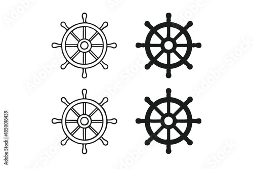 Set of four ship's wheel icons, two in outline and two solid black, on a white background