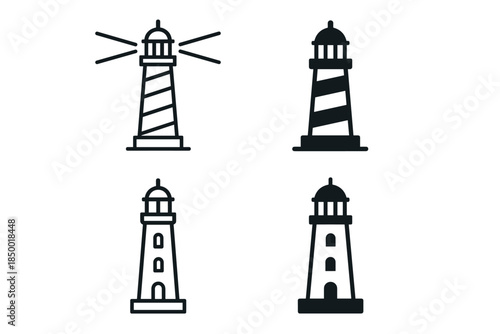 Set of four lighthouse icons in outline and solid fill styles for navigation and safety