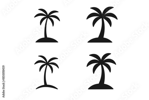 Collection of four simple black silhouette palm trees on small islands