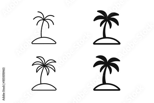 Set of simple palm tree icons on small islands, line art and solid fill styles