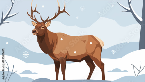 Majestic brown deer with large antlers in a serene winter landscape with snowy hills and bare trees