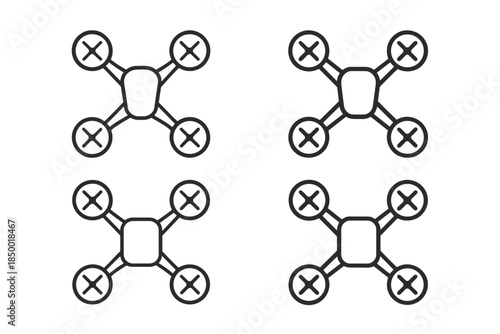 Four simple line art icons of quadcopter drones arranged in a grid on a white background