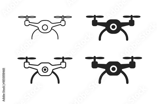 Set of four drone icons, two in outline and two solid black, showing different styles