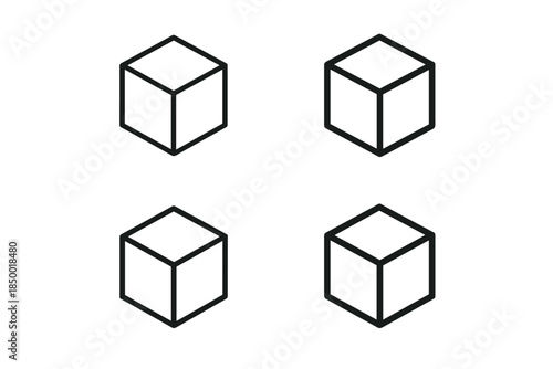 Four identical isometric line art cubes arranged in a 2x2 grid on a white background