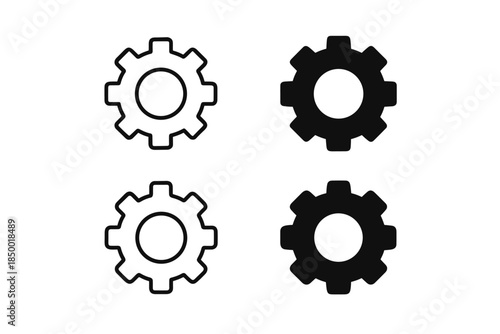 Set of four gear icons, two outlined and two solid black, on a white background