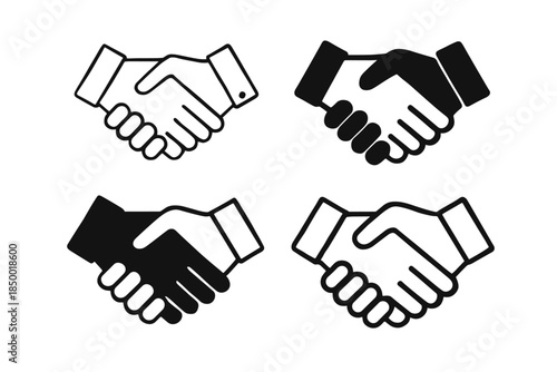 Set of four handshake icons in black and white, representing agreement and partnership