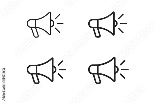 Set of four simple line art megaphone icons on a white background