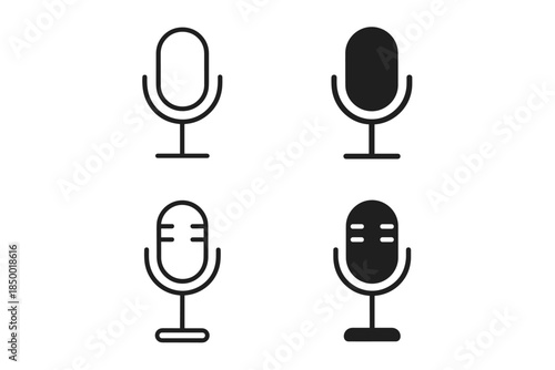 Set of four microphone icons in outline and solid styles for audio recording and broadcasting