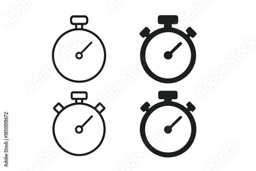 Set of four stopwatch icons, two line art and two solid fill, representing time measurement