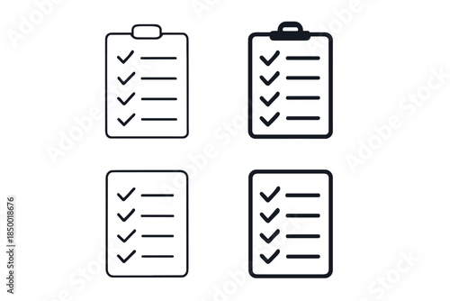 Checklist icons with checkmarks and lines on clipboards, simple vector graphics