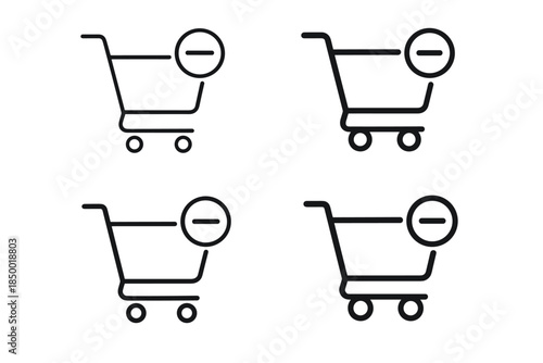 Set of four shopping cart icons with minus sign for removing items from cart
