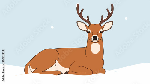 Solitary deer in a winter landscape with snow and pale blue sky