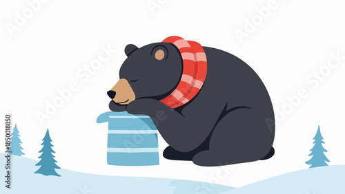 Black bear with red and white scarf sitting upright in snowy winter landscape with honey pot