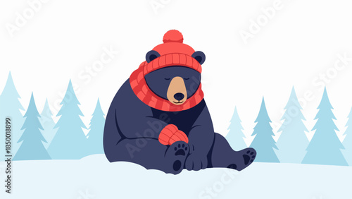 Charming winter illustration of a bear wearing a red knit hat and scarf in a snowy landscape