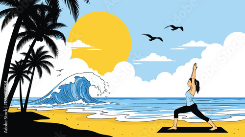 Vibrant colored line art illustration of a woman practicing yoga on a tropical beach at sunset