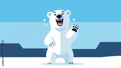 Cheerful polar bear standing upright on hind legs waving with a broad smile against a gradient blue arctic background