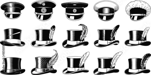 Set of vintage and military hat vector icons including top hats, uniform caps, fur hats, feathers, and decorations.
