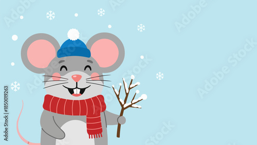 Whimsical illustration of a friendly mouse dressed for winter with a blue beanie and red scarf holding a snowflake-adorned tree branch
