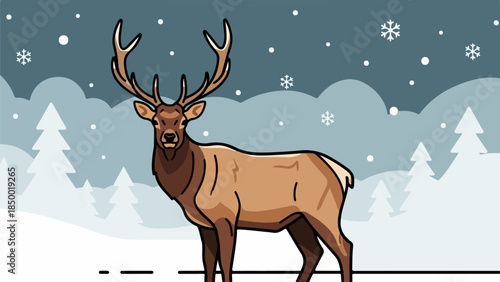 Majestic deer with large antlers in a snowy winter landscape