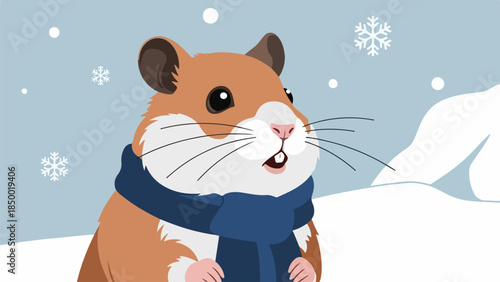 Charming illustrated hamster with blue scarf in a winter landscape