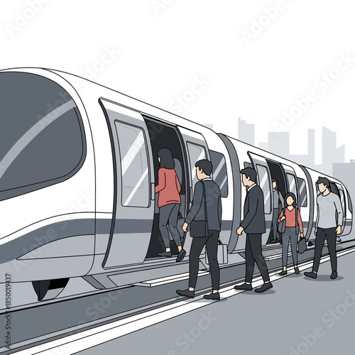 Business people entering modern metro train for daily commute.