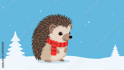 Hedgehog with red and white scarf standing on hind legs in winter scene with snowflakes and triangular trees