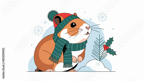Hamster in festive attire with a Christmas tree in a winter landscape