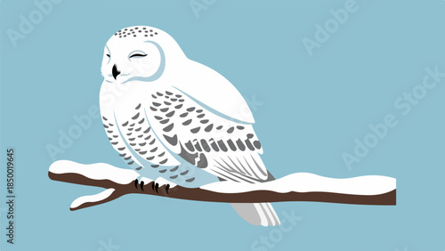 Snowy owl with intricate gray and black plumage resting on a snow-dusted brown branch
