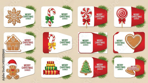 A set of 12 christmas and holiday greeting tags with gingerbread man, candy cane, snowflake, christmas tree, and gift stack illustrations.