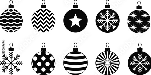Set of Christmas ornament vector icons with snowflakes, stars, stripes, polka dots, and festive bauble designs for holiday decoration.