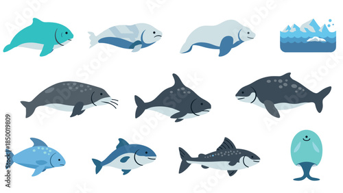 Collection of arctic marine animals in flat design style
