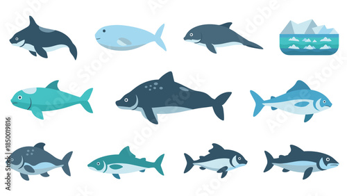 Cartoon aquatic life: diverse fish collection and iceberg scene