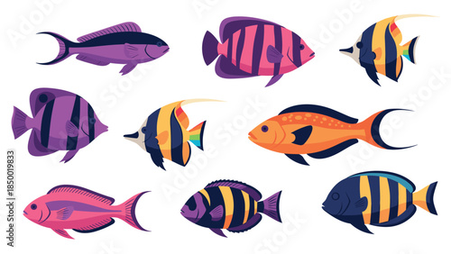 Colorful marine life collection with stylized tropical fish in vibrant patterns