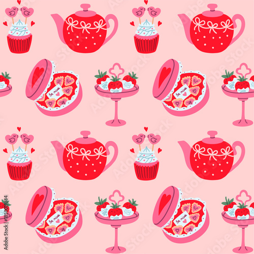 Seamless Valentine tea time pattern with red teapots, heart chocolate boxes, dipped strawberries, and lovebird cupcakes on a soft pink background, perfect for romantic wrapping paper, fabric, and