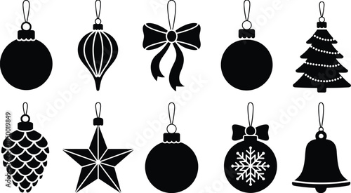 Set of Christmas ornament silhouette vector icons including baubles, tree, star, bow, pinecone, bell, snowflake, and festive decorations.