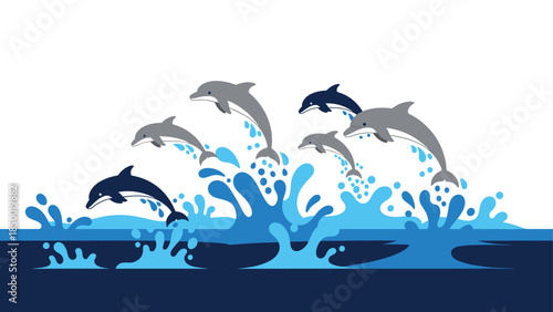 Playful dolphins leaping through ocean waves in flat design