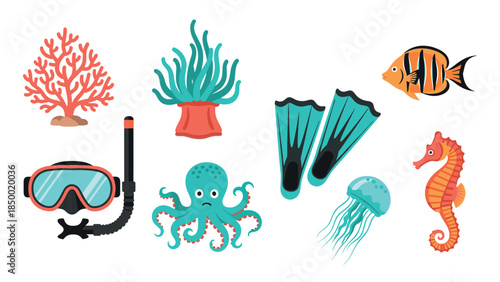Marine life icons with aquatic animals and diving gear in flat style