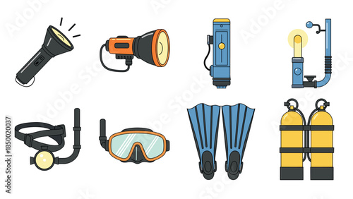 Essential scuba diving gear icons: flashlight, snorkel, and equipment set