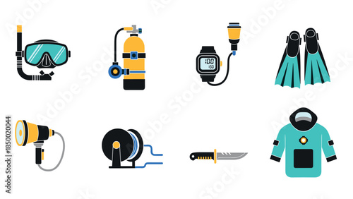 Diving gear icons set featuring snorkel, scuba tank, diving watch, and more