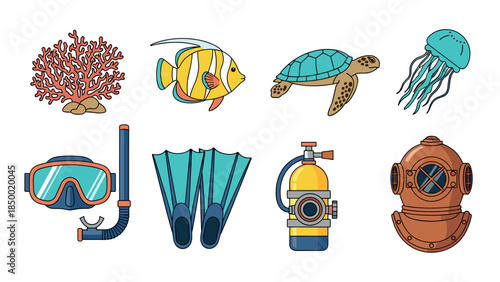 Colorful marine life and diving equipment icons set in flat design