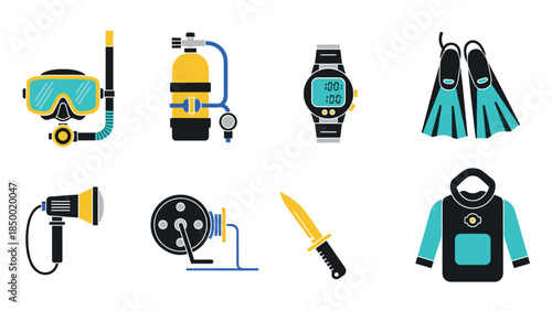 Diving gear collection: snorkel, scuba tank, watch, and more in flat design