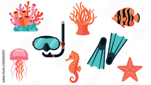Underwater adventure: vibrant marine life and diving gear with coral reefs and marine creatures