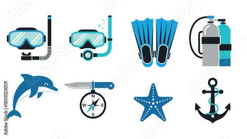 Scuba diving equipment set with marine life elements for underwater adventures