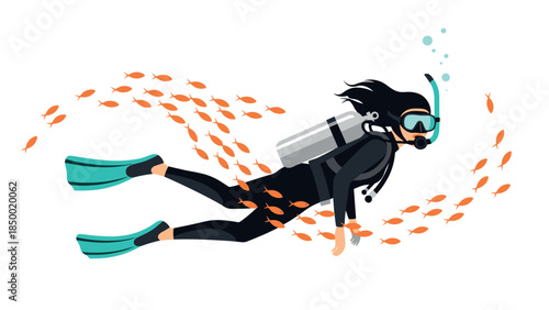 Scuba diver in black suit swimming with school of fish in crystal clear water