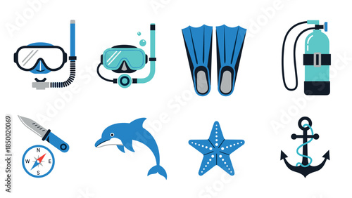Diving gear and ocean icons collection in flat design
