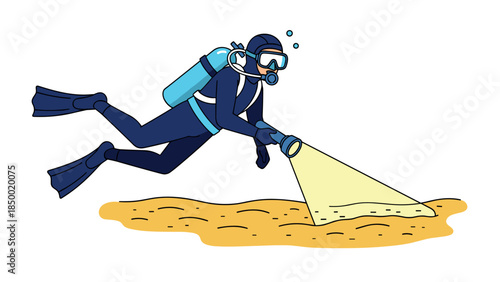Underwater scuba diver with flashlight exploring ocean floor in flat design