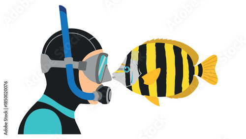 Scuba diver with striped tropical fish encounter in flat design