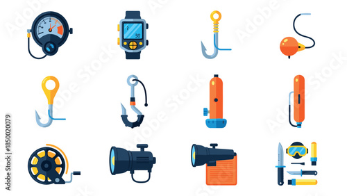 Fishing equipment icons set with modern flat design and bright colors