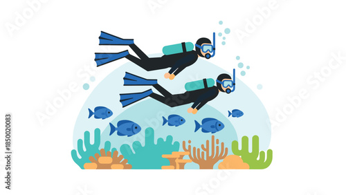Flat design scuba divers exploring vibrant underwater coral reef with fish
