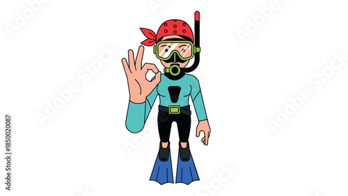 Diver cartoon character with snorkel and flippers showing ok gesture